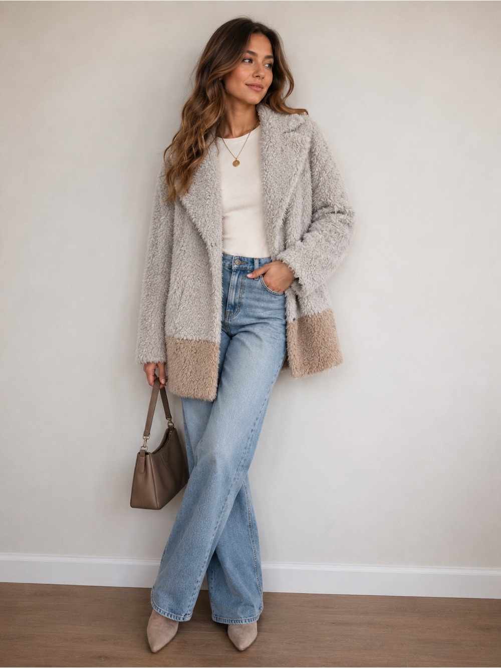 Anthropologie elevenses Two-Tone Teddy Jacket in Light Gray & Tan